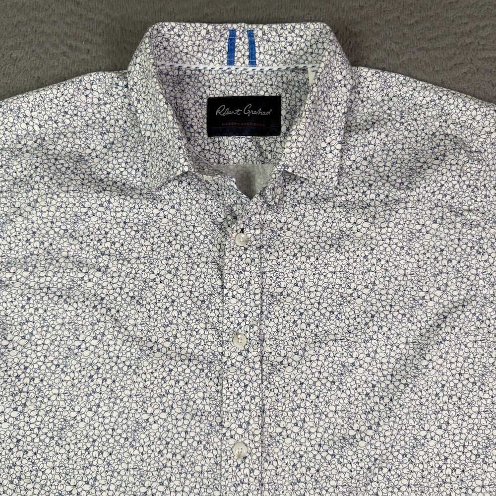 Robert Graham Shirt Mens Large White Blue Geometric Floral Short Sleeve